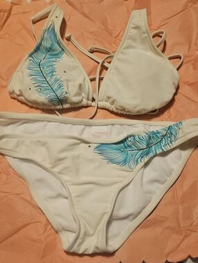 Vintage Xhilaration Women's White Bikini with Teal Feather Detail
